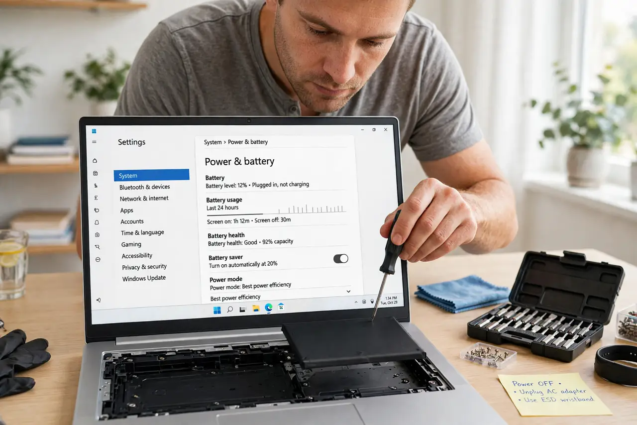 a person carefully removing a real laptop battery on a clean desk with a screwdriver set nearby, the laptop open showing the battery compartment legibly, the person's face careful .