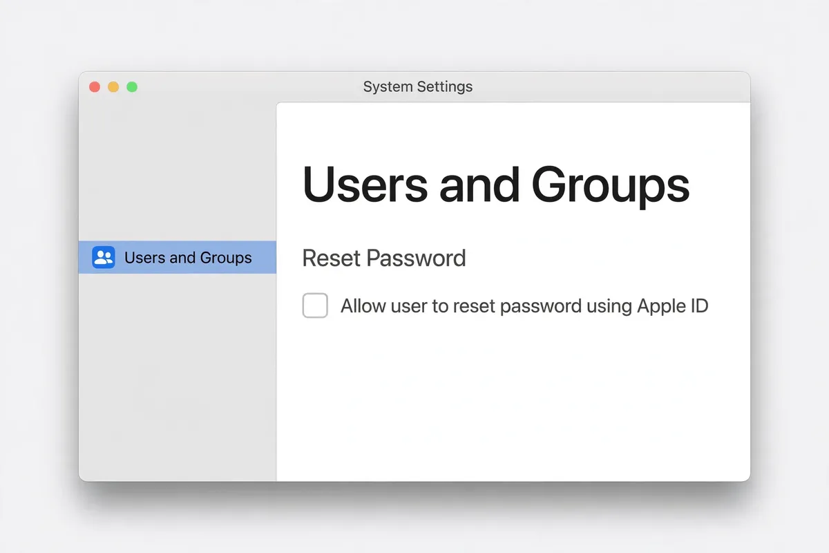 Example recreation of macOS System Settings showing Users and Groups with Reset Password and the Apple ID reset option.