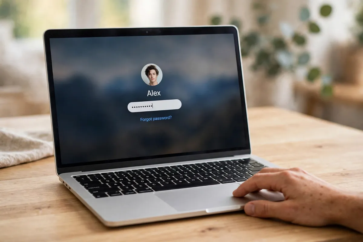 A MacBook on a bright wooden desk showing the macOS login screen with a user avatar, a password field and a Forgot password? link, with a hand resting near the trackpad.