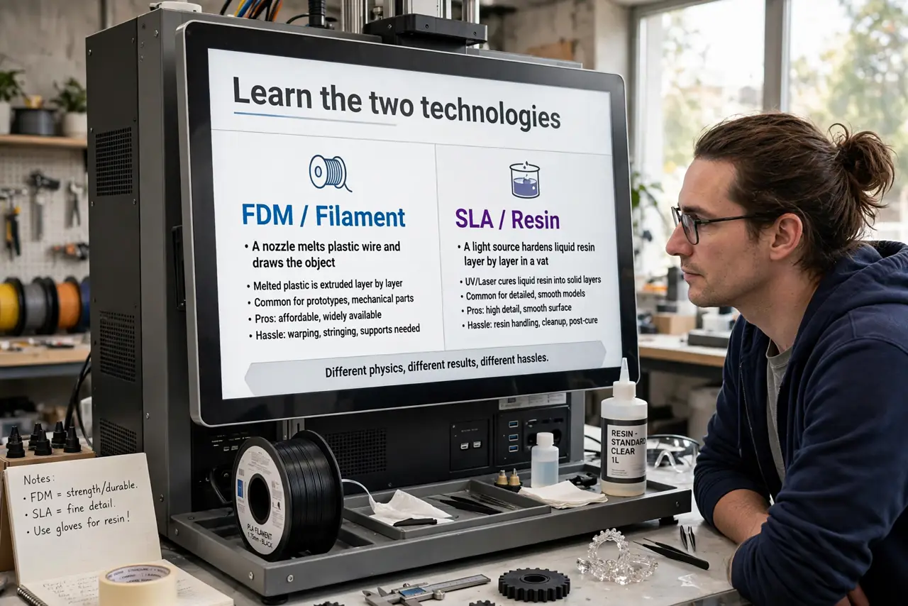 A person performing the first step of the guide: Learn the two technologies. FDM/filament: a nozzle melts plastic wire and draws the object. SLA/resin: a light.