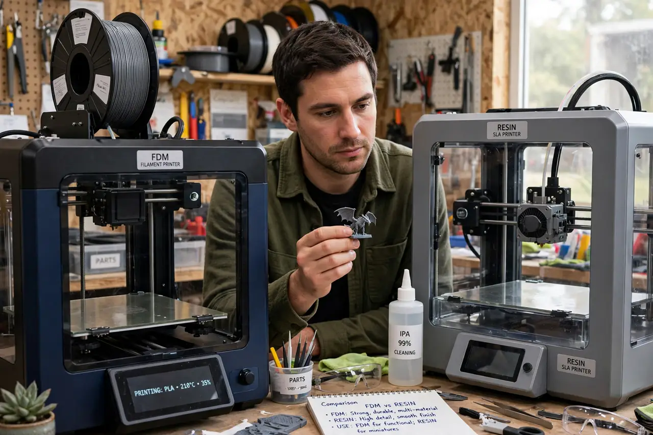 A person comparing a real filament 3D printer and a real resin 3D printer side by side, holding a detailed small printed miniature, the person's face.
