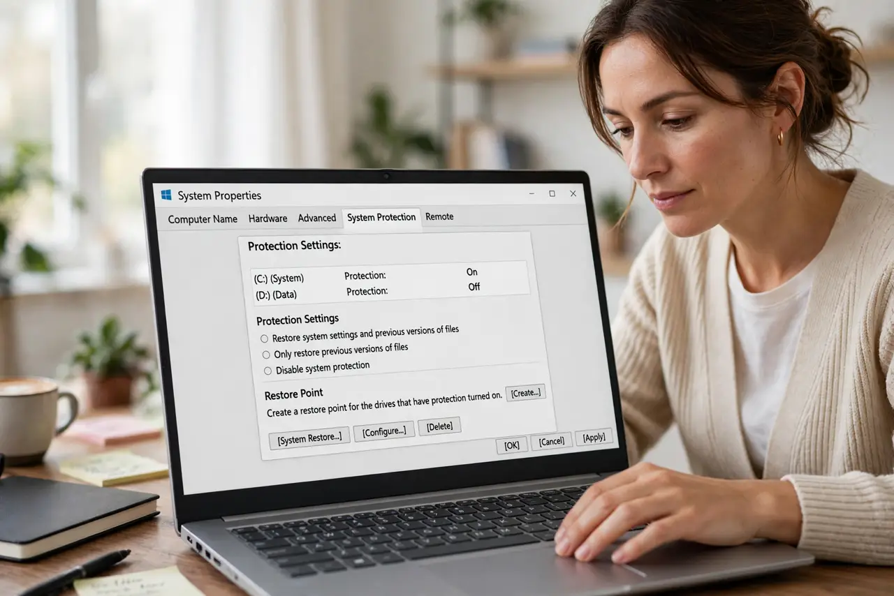 A focused woman opening System Protection settings to see the protection status per drive.