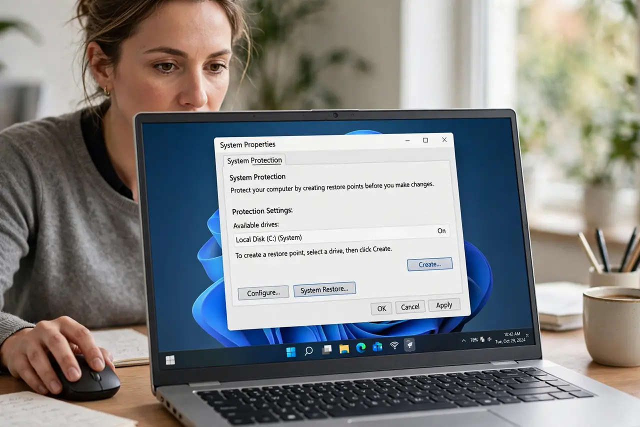 A focused woman looking at the Windows System Protection settings page on her laptop.