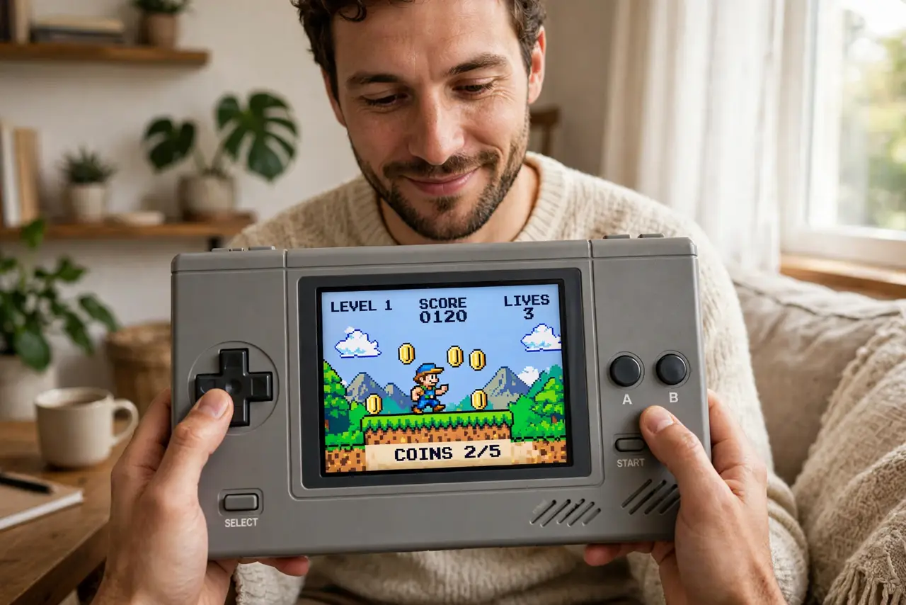 a person holding a real retro handheld gaming device showing a colorful pixel-art game legibly on its screen, thumbs on the controls, the person's face nosta...