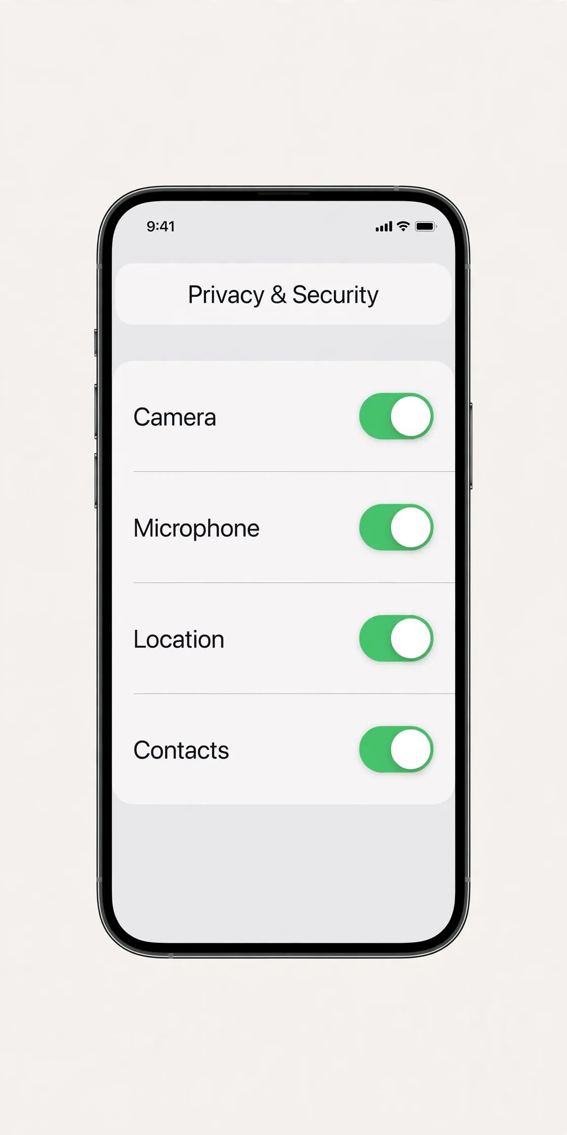 A phone showing the Privacy & Security screen with Camera, Microphone, Location, and Contacts toggles.