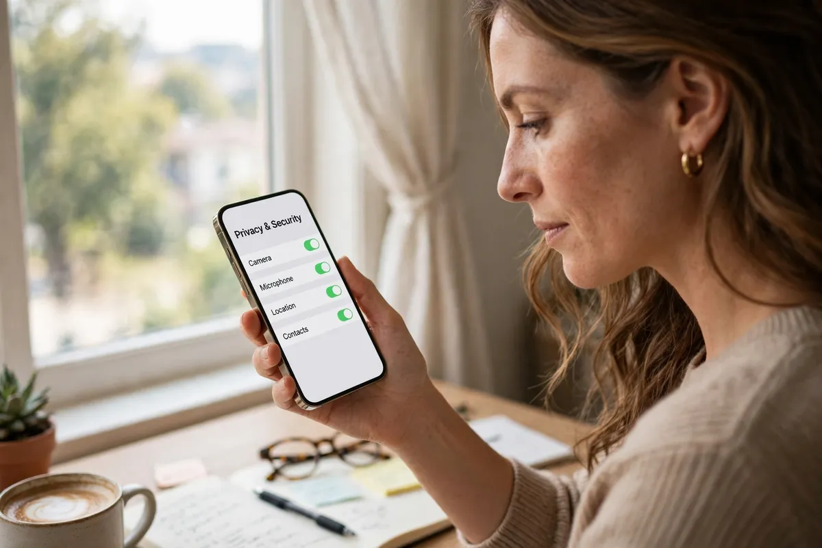 A woman at a bright window-side desk holding a smartphone showing Privacy & Security settings with Camera, Microphone, Location, and Contacts toggles.