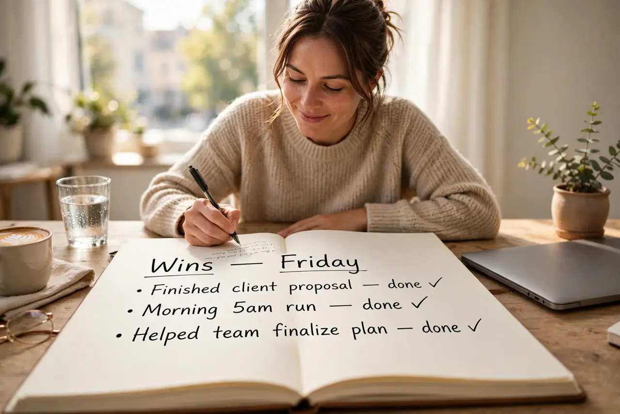 A person on a Friday afternoon writing wins in a real notebook with a short list visible, a calm desk with a closed laptop, the person's face satisfied,.