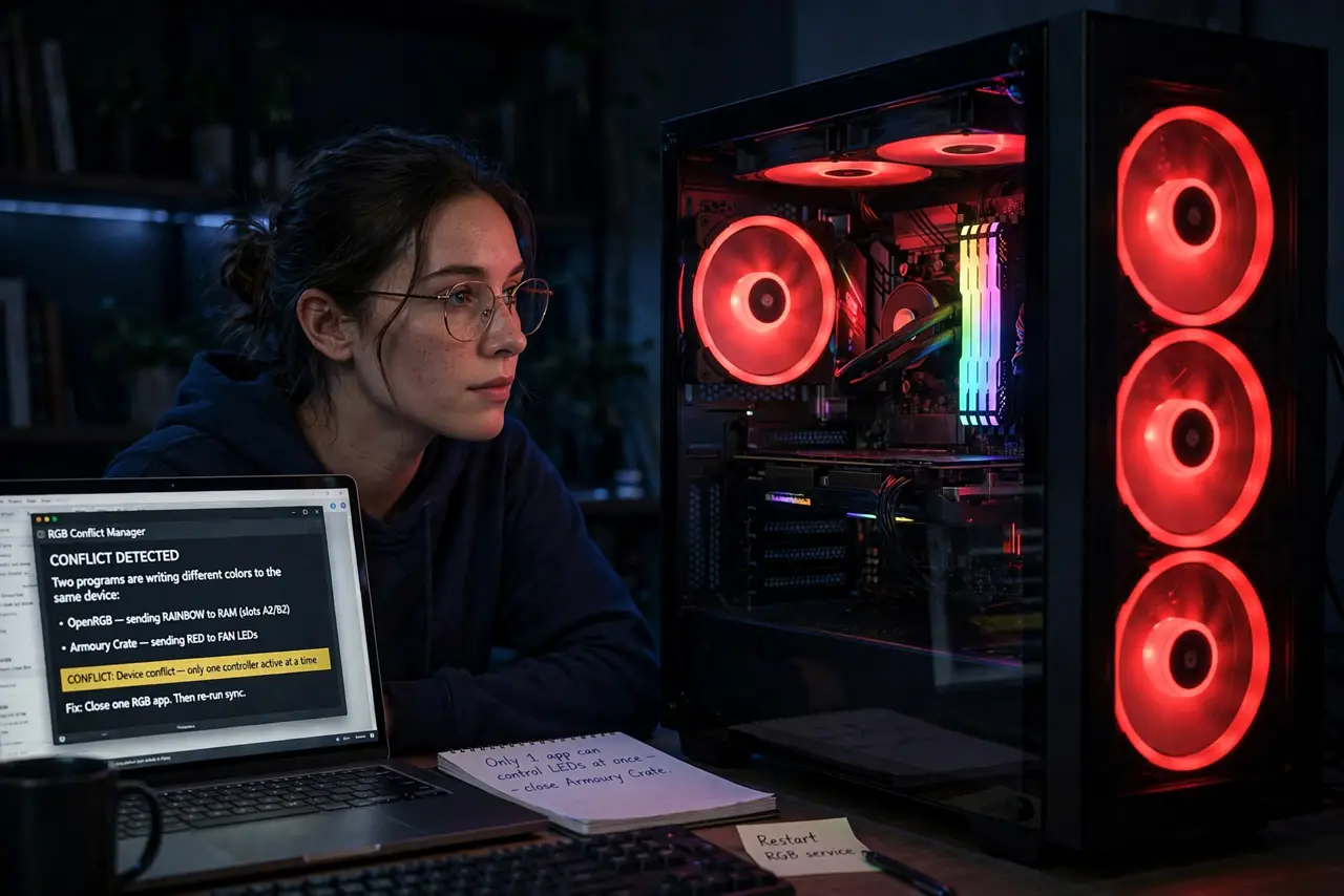 A person performing the first step: Understand the fight. RAM, fans, GPU, and motherboard each expose lighting.