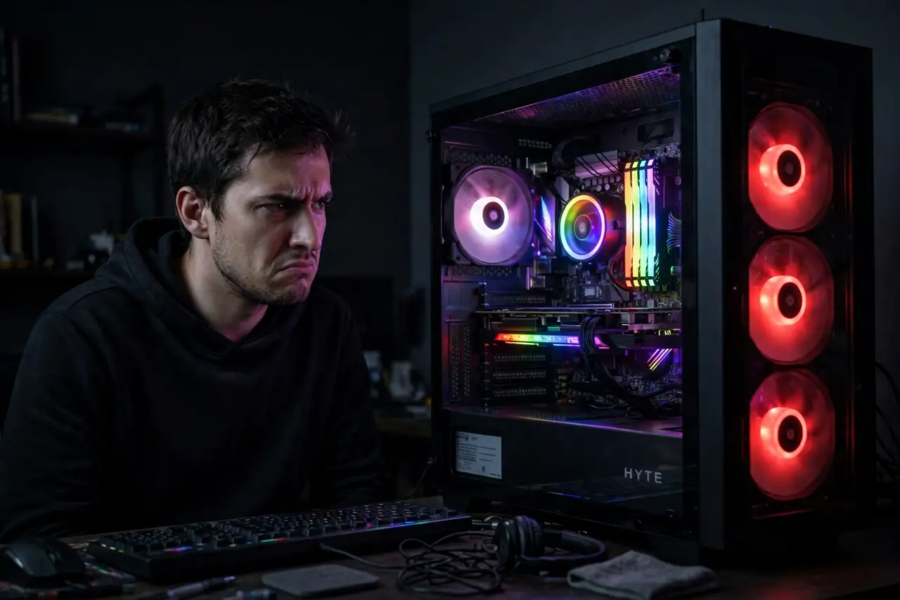 A person looking at a desktop PC case with mismatched RGB lighting — rainbow RAM and red fans — the person's face