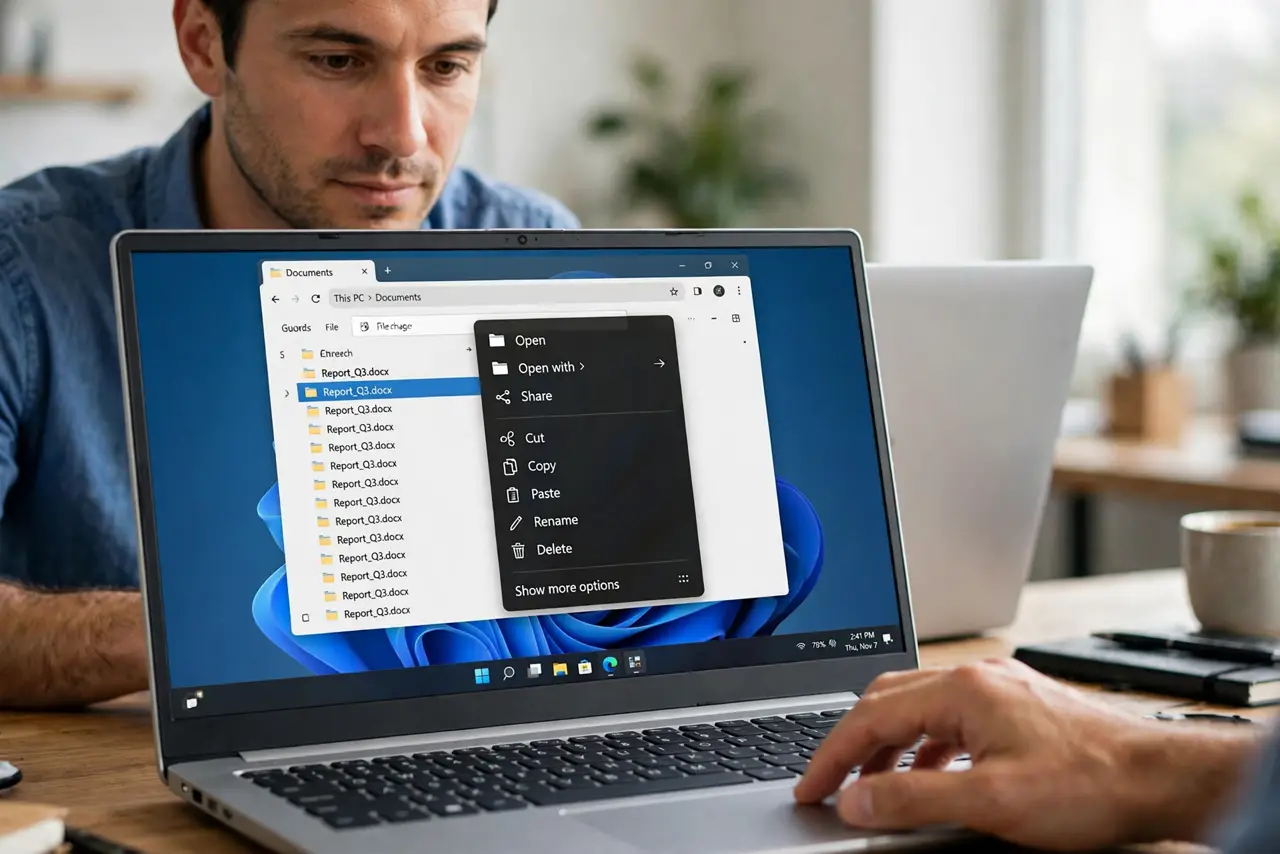 A focused man looking for Show more options at the bottom of the right-click menu.