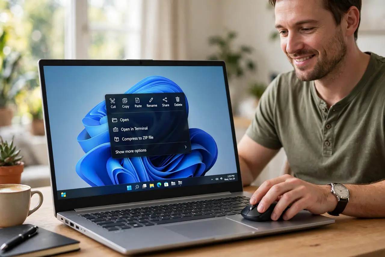 A relaxed man right-clicking on a Windows laptop with the compact right-click menu open.