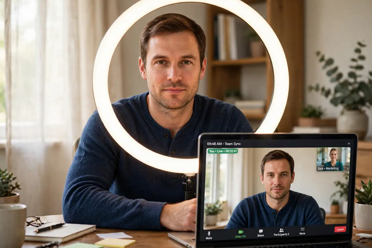 a person on a real video call beautifully lit by a ring light in front, the preview showing a legible well-lit face, the person's face confident, home office.