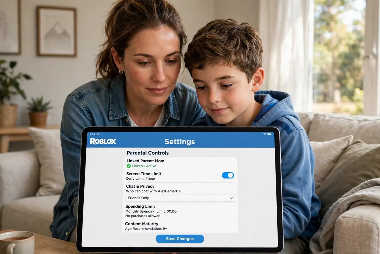 a parent and child sitting together looking at a real tablet showing the Roblox settings screen with legible text, both faces calm, living room couch.
