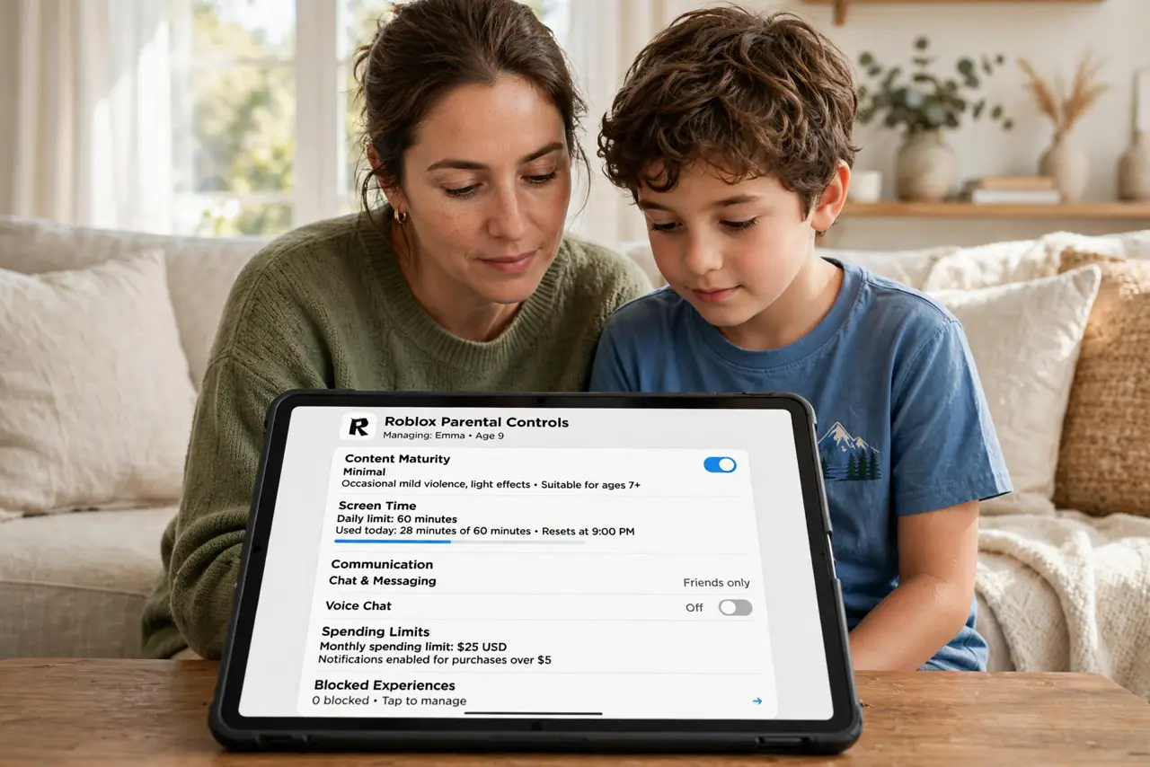 a parent and child sitting together looking at a real tablet showing the Roblox parental controls screen with legible settings, both faces calm, bright living room.