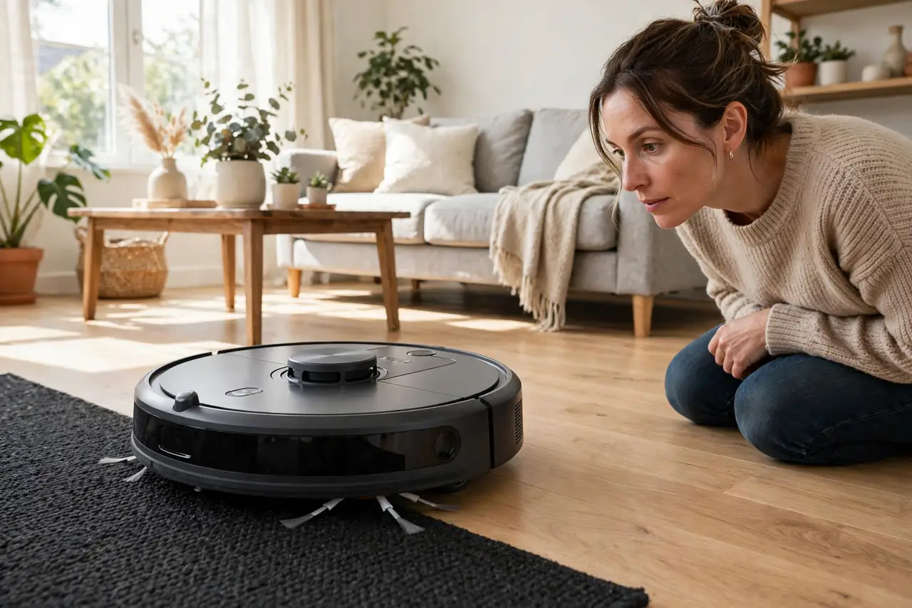A calm adult watching a real robot vacuum hesitating at the edge of a dark rug in a living room, the person crouching to observe, curious expression.