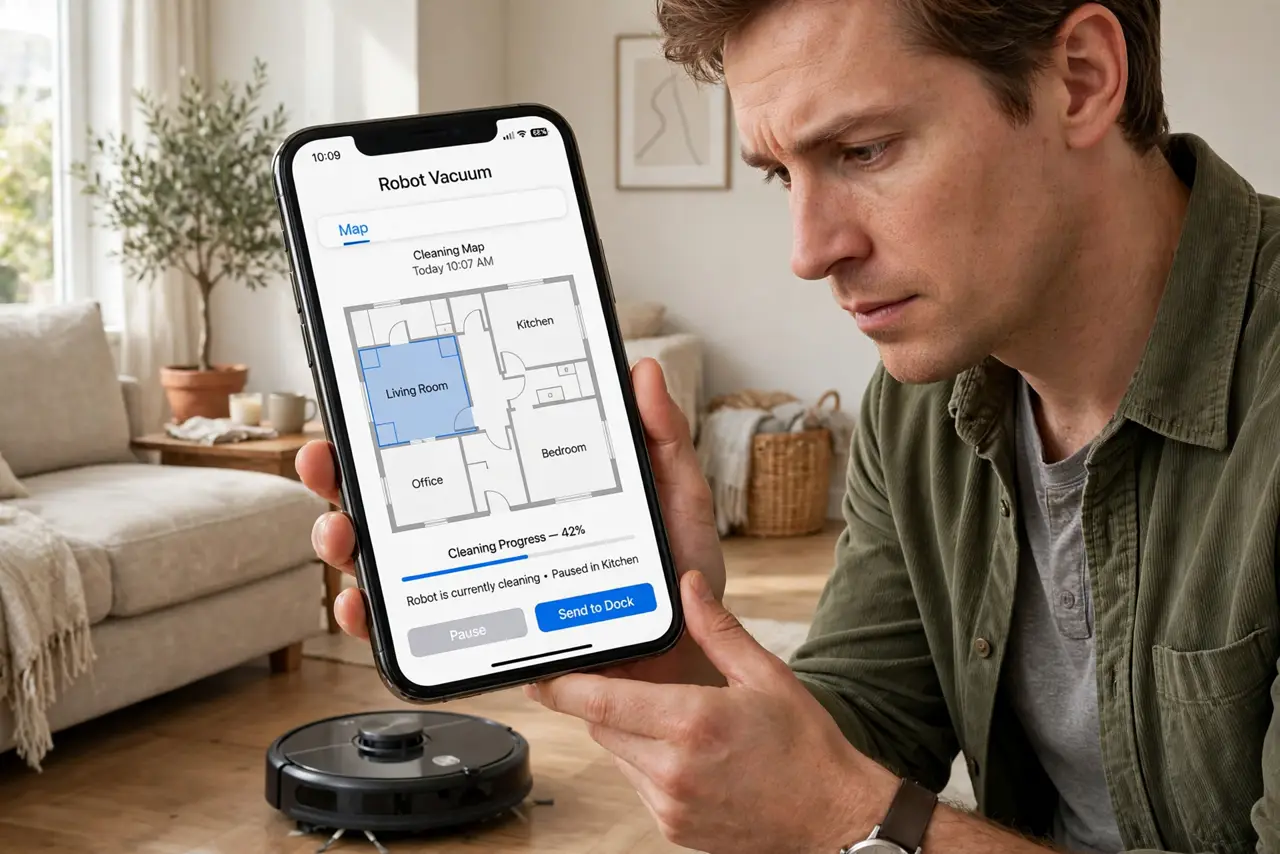 a person looking at a real phone showing a robot vacuum map with legible room divisions, the robot visible on the floor, the person's face puzzled, living room.