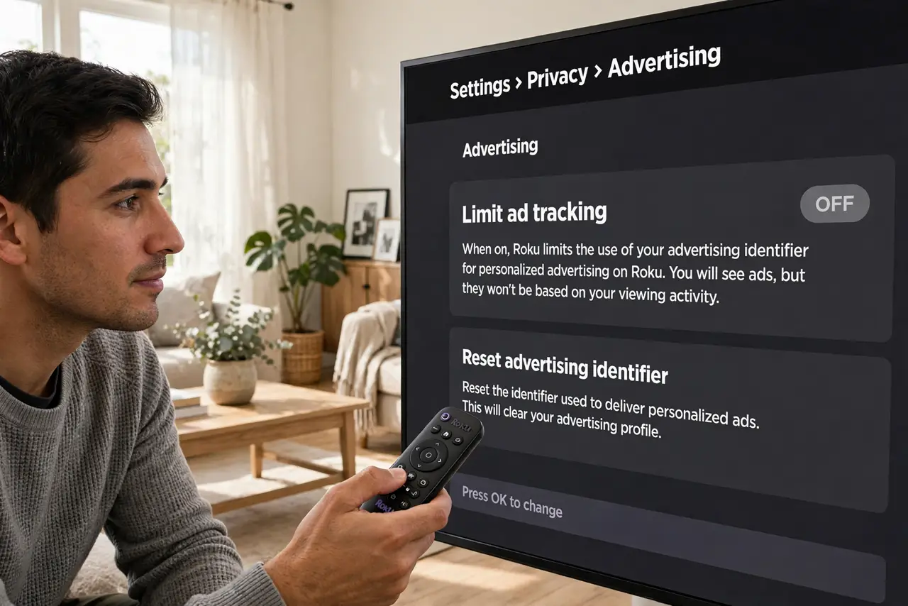 A person performing the first step: Open Settings > Privacy > Advertising. Find 'limit ad tracking' or 'personalized.