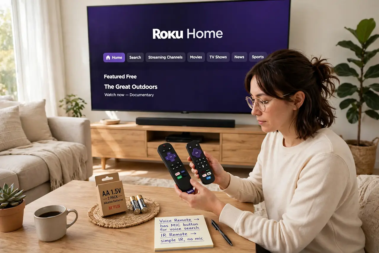 Photoreal photo of a person performing the first step: Identify your remote type. Voice remotes (with a microphone button) pair over Wi-Fi Direct and