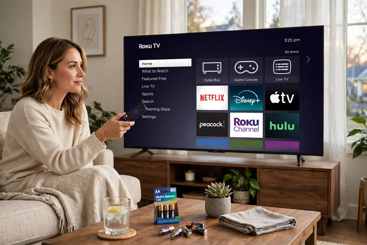 Photoreal photo: a person holding a real Roku remote pointed at a real TV showing the Roku home screen with legible app tiles, fresh batteries on the coffee table, the person's face focused, living room evening. No black screen, no bl
