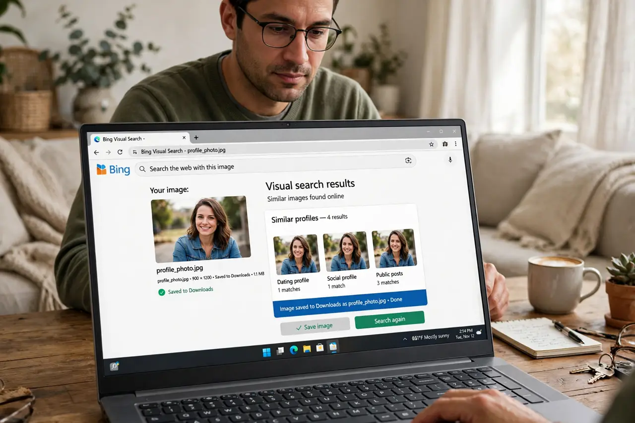 A person performing the first step: Reverse-image-search their photos. Save a profile photo and search it. Stolen model or stock photos appearing under.