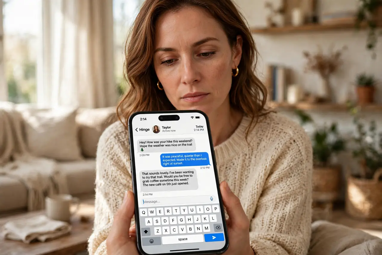 A thoughtful adult looking at a real phone showing a dating app conversation fully legible, the person's face pensive, cozy living room.