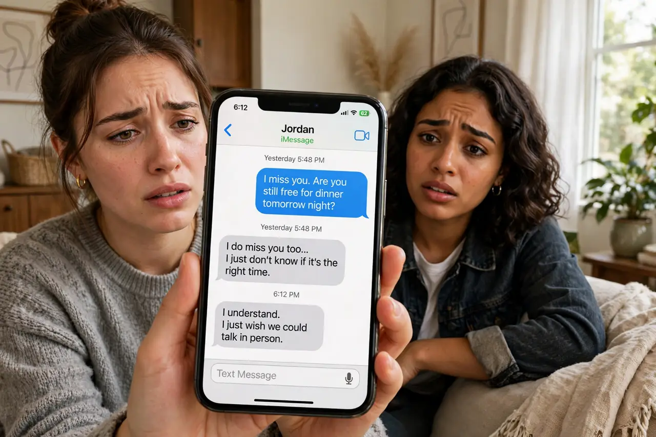 a person holding a real phone showing a romantic messaging conversation, looking conflicted, a friend beside them with a concerned expression, home setting. No black screen, no bla.