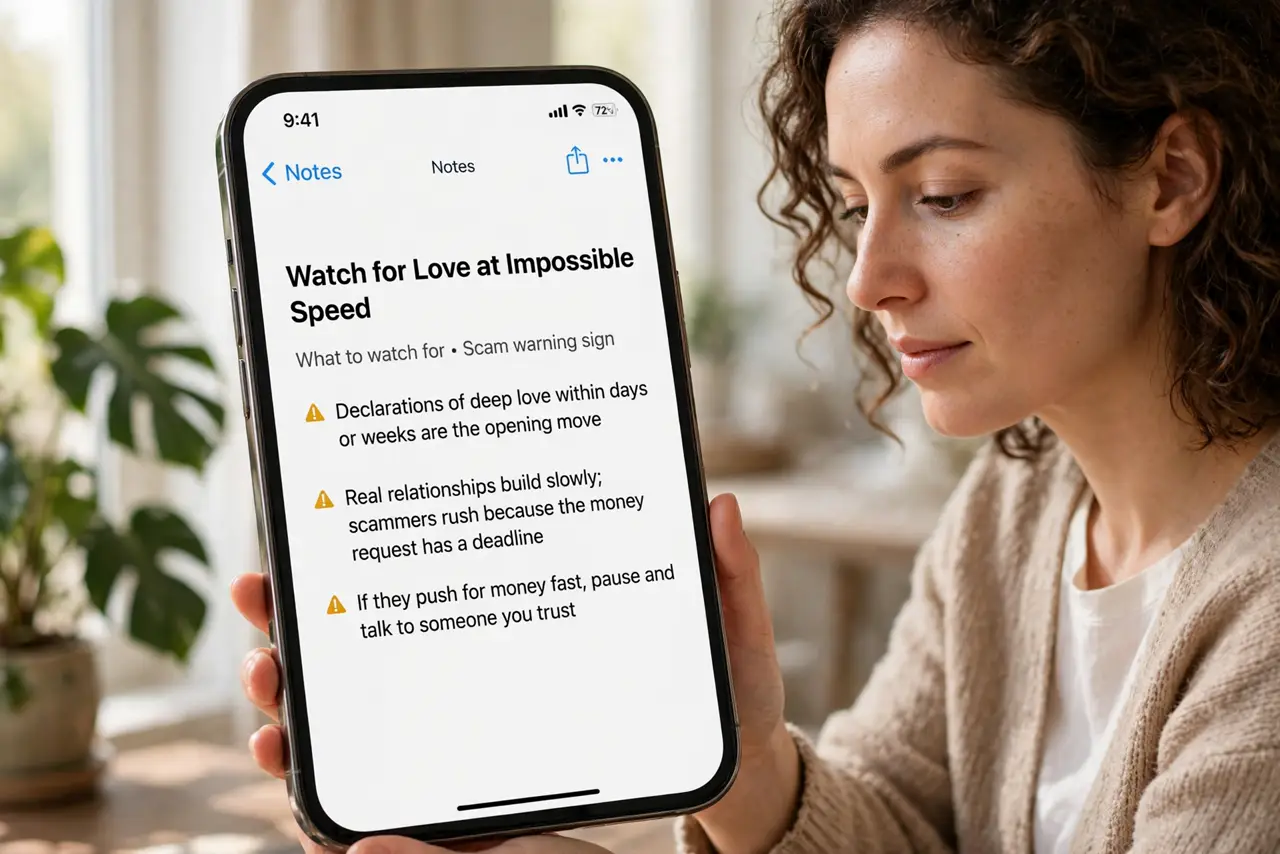 A person performing the first step of the guide: Watch for love at impossible speed. Declarations of deep love within days or weeks are the opening move. Real.