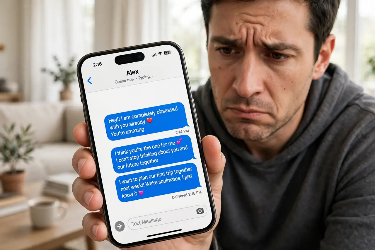 A person looking skeptically at a real phone showing a dating app chat with overly affectionate messages legible on screen, the person's face.