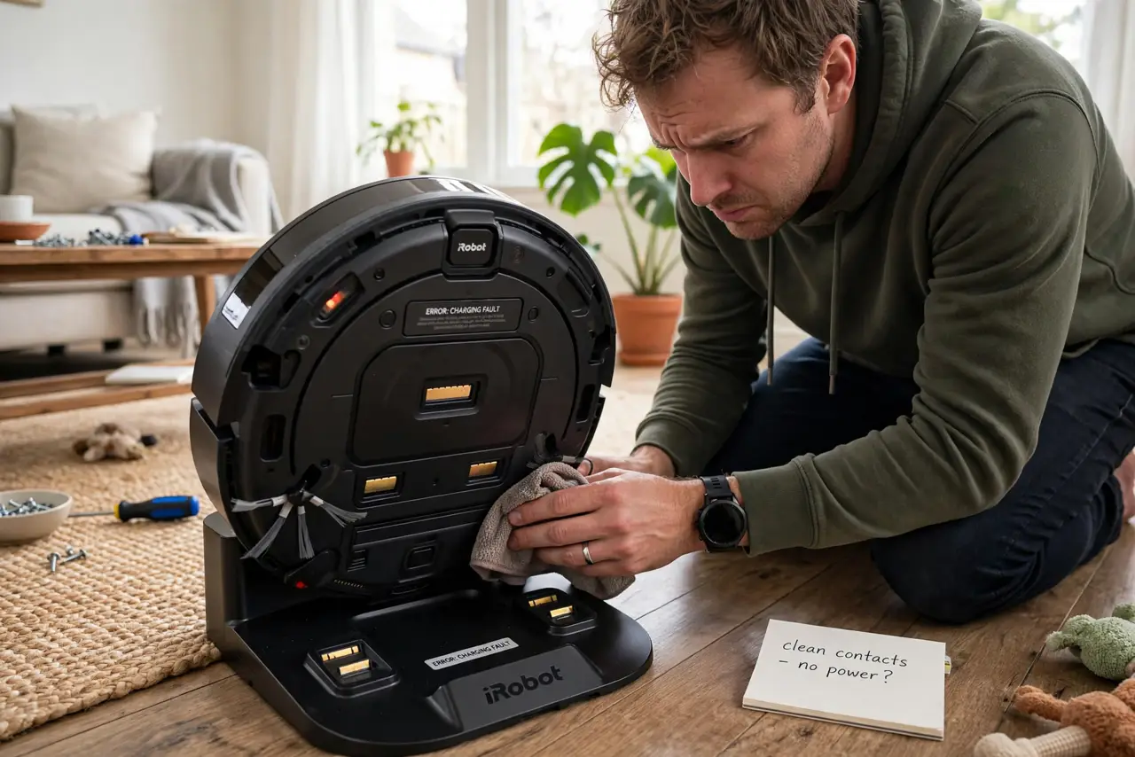 a person kneeling beside a real Roomba on its charging dock, inspecting the charging contacts underneath, the person's face concentrated, living room floor.