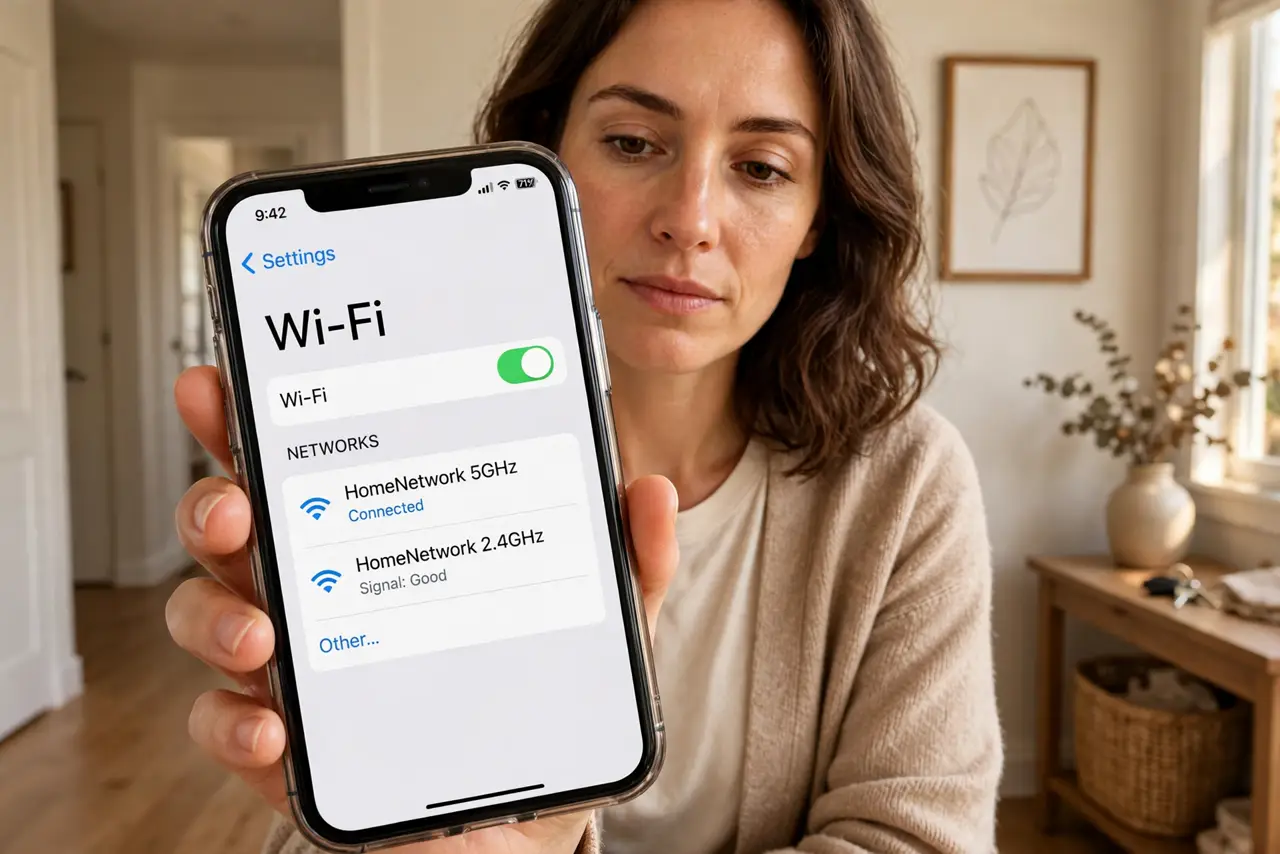 a person holding a real phone showing two Wi-Fi network names, one 2.4GHz and one 5GHz, in a home hallway, the person's face deciding, warm home light.