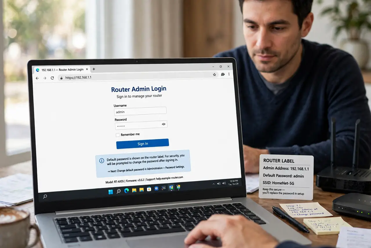 A person performing step 1 of the guide: Log into the router admin page. Open the address on the router's label, usually something like 192.168.1.1, and sign in with the current...