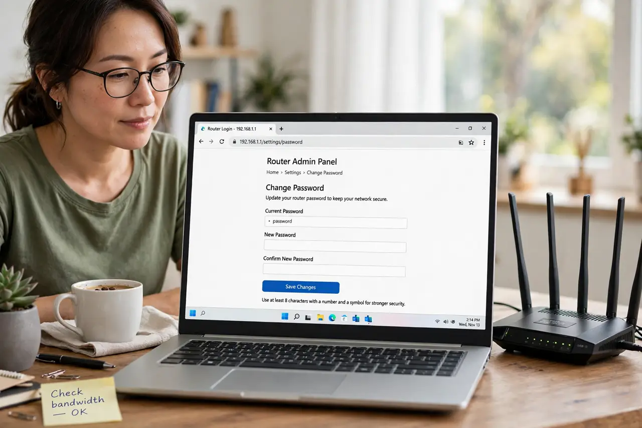 a calm adult at a desk with a real laptop, the screen showing a normal router login page with a password change field and legible text, a real router beside the laptop