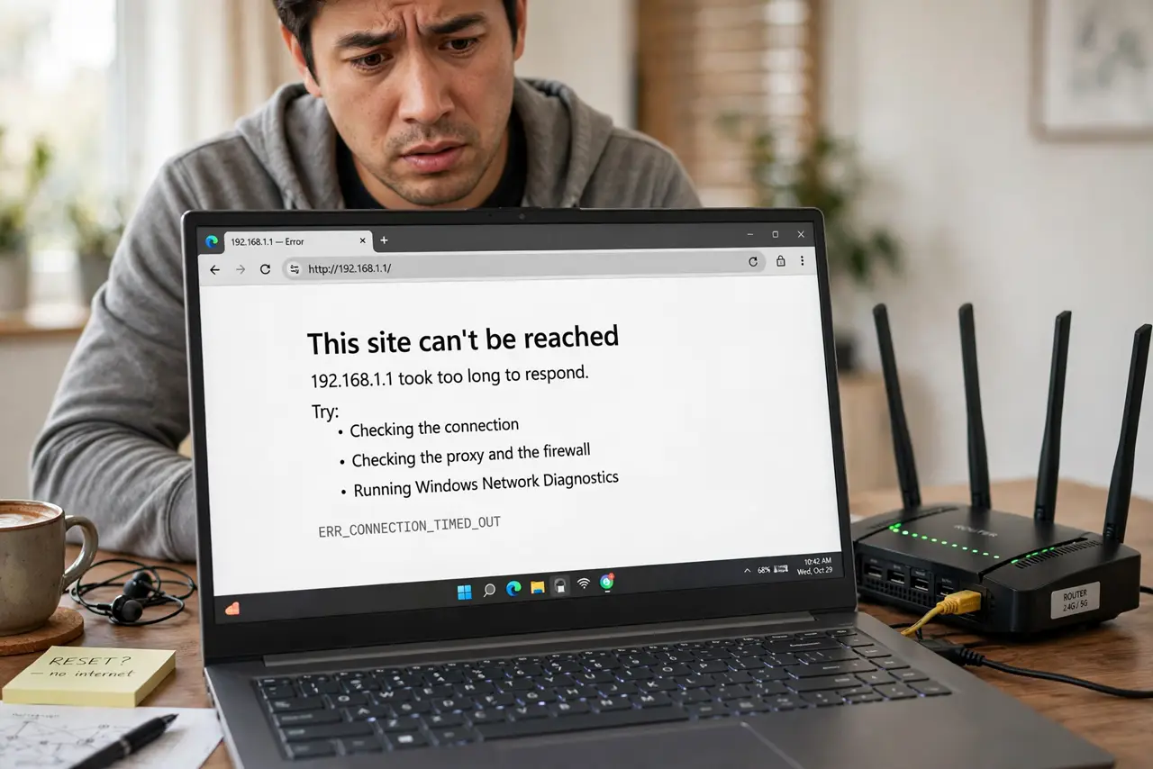 Router Admin Page Won't Open — a person at a desk with a real laptop showing a browser error on the router address, a real router beside it,