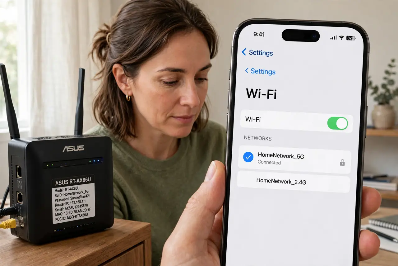 Photorealistic photo: A calm adult near a real router holding a real phone, the real router label visible complete and legible, the person checking carefully.