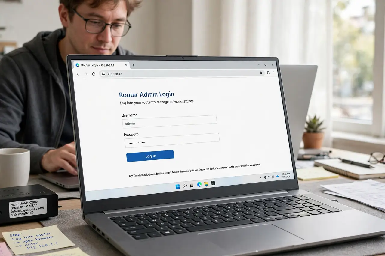 A person performing step 1: Log into the router. Open a browser and enter the router's address — usually printed on the sticker along with.