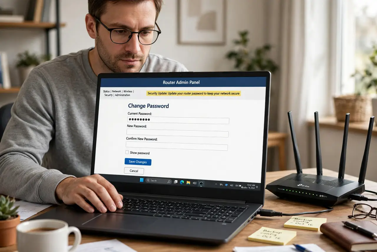 A person changing a password on a real laptop showing a legible router admin page with a password change form, a real router beside the laptop, the person's.