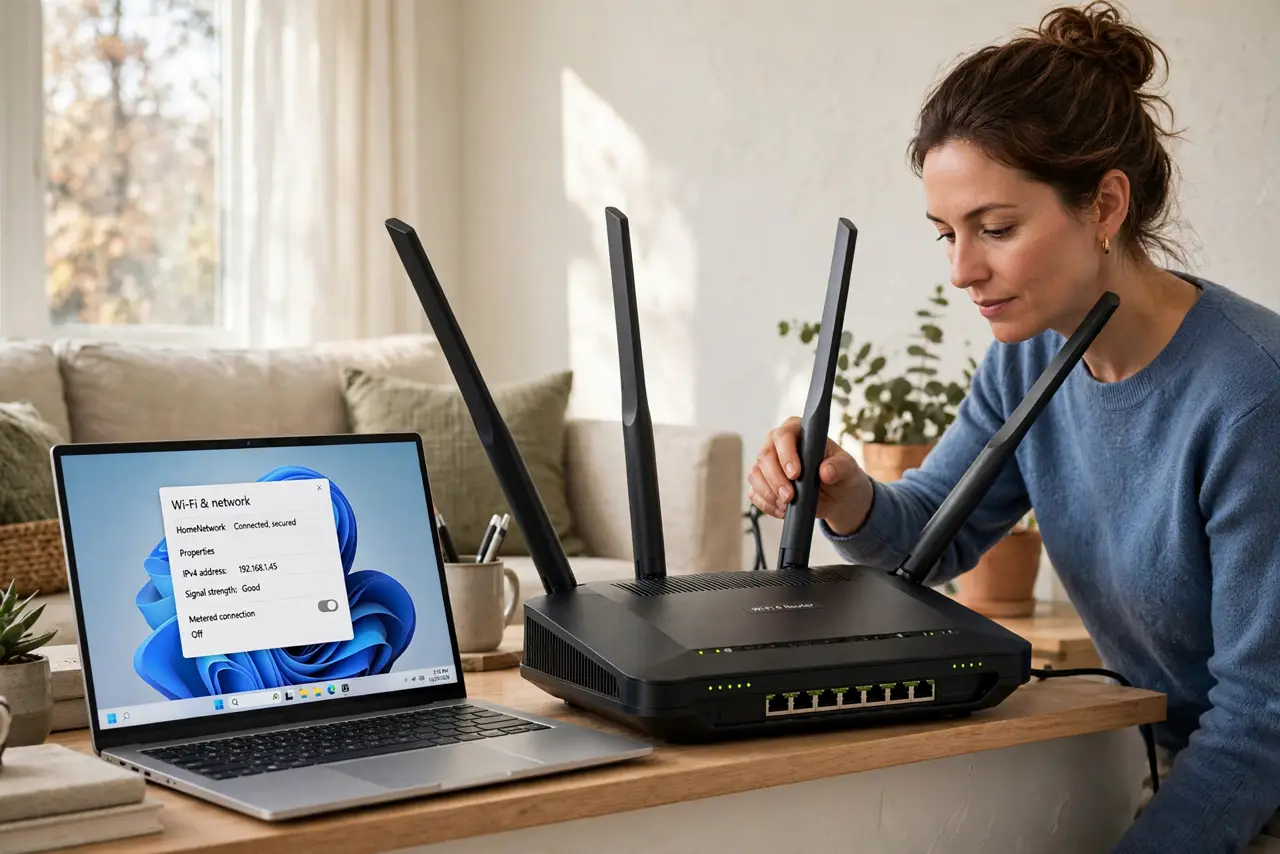 a calm adult adjusting the antennas on a real router on a shelf, the router's antennas at different angles, a living room around it. No black screen, no blank white screen, no fake or garbled screen text.