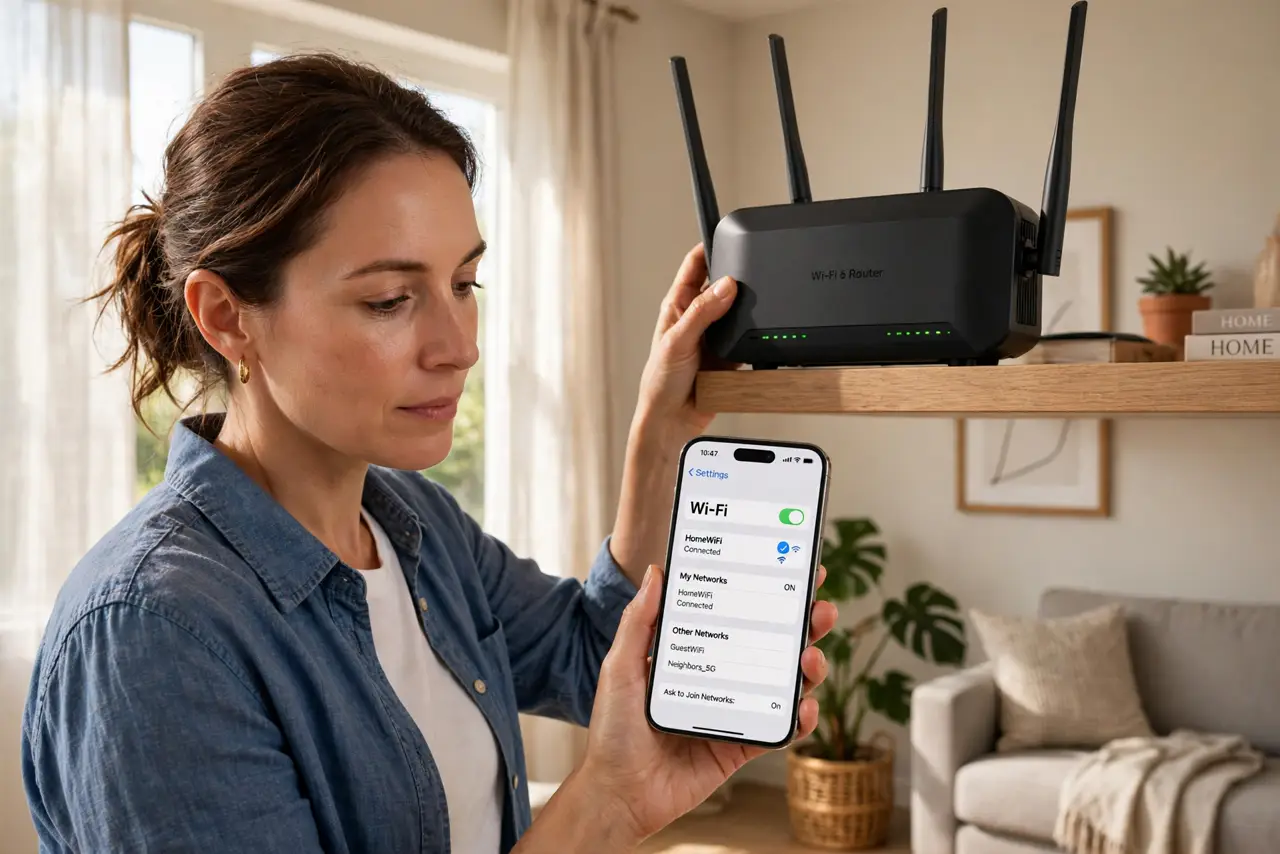 A person performing step 1 of the guide: Move the router central and high. Place the router near the middle of the home, on a shelf rather than the floor. Wi-Fi spreads outward...