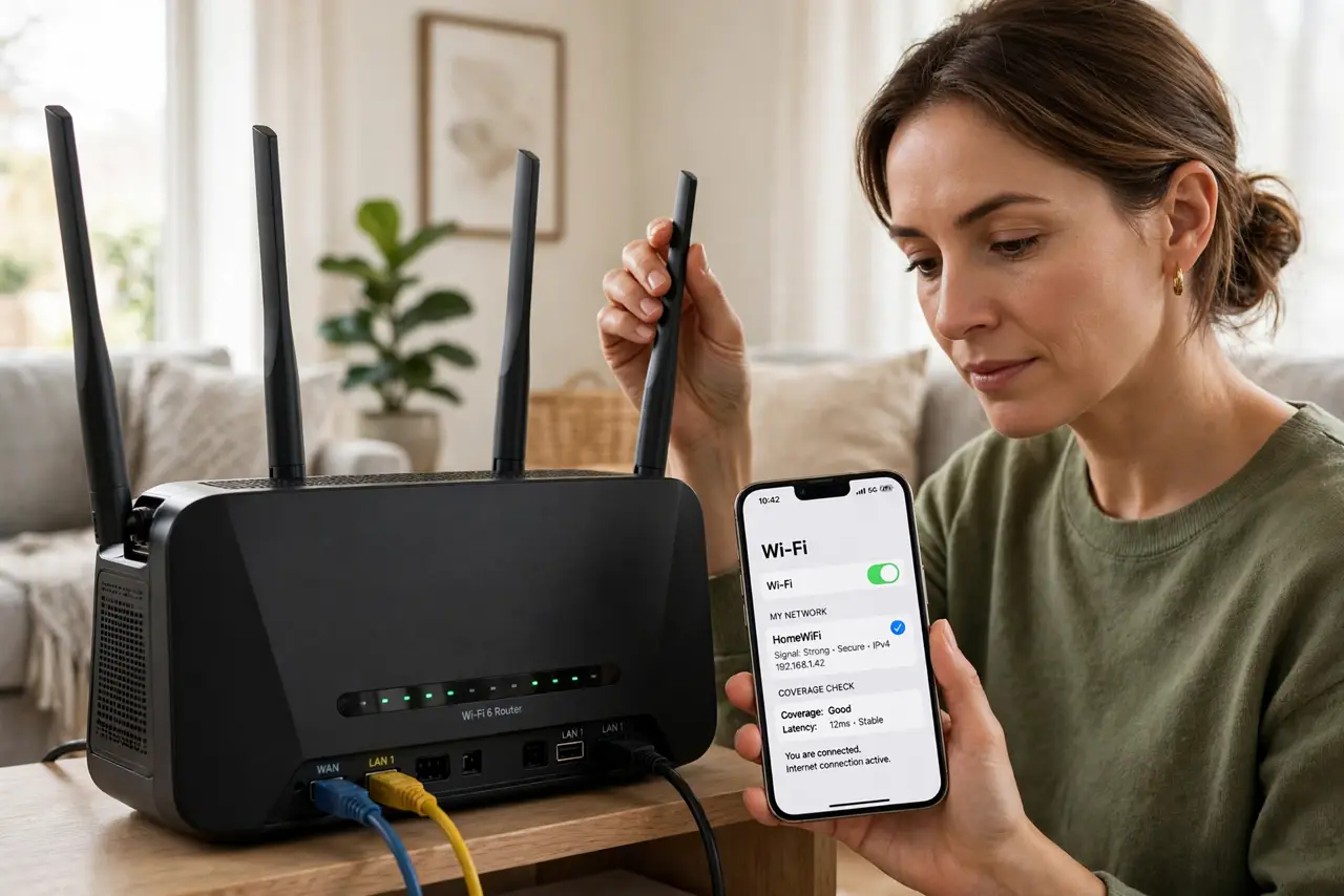 a calm adult adjusting a real home router's antennas in a living room, a phone in hand showing a normal Wi-Fi signal screen with legible text, the person checking coverage