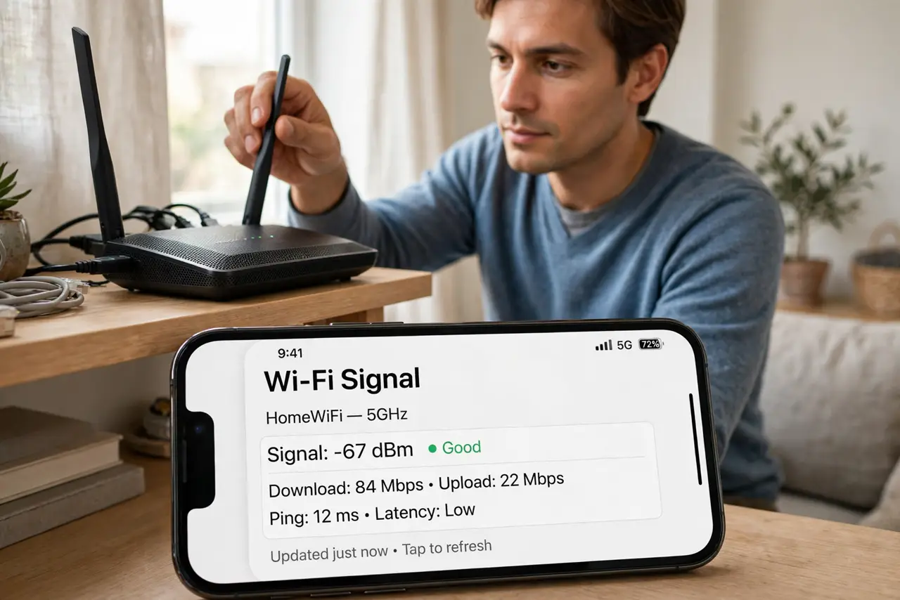 a person adjusting the antennas on a real Wi-Fi router on a shelf, a phone showing signal bars with legible readings nearby, the person's face focused, livin...