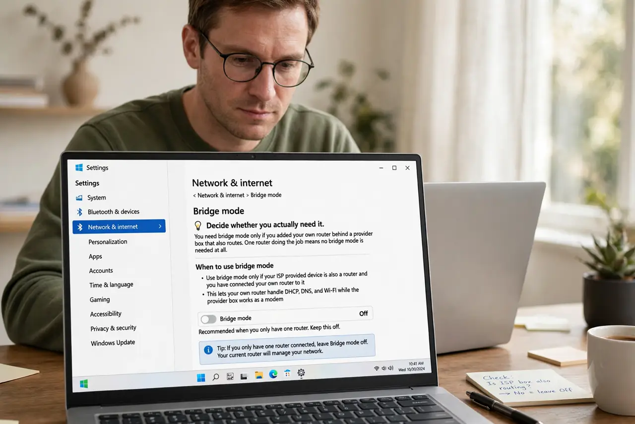 A person performing step 1 of the guide: Decide whether you actually need it. You need bridge mode only if you added your own router behind a provider box that also routes. One router doing the job means no bridge mode is...