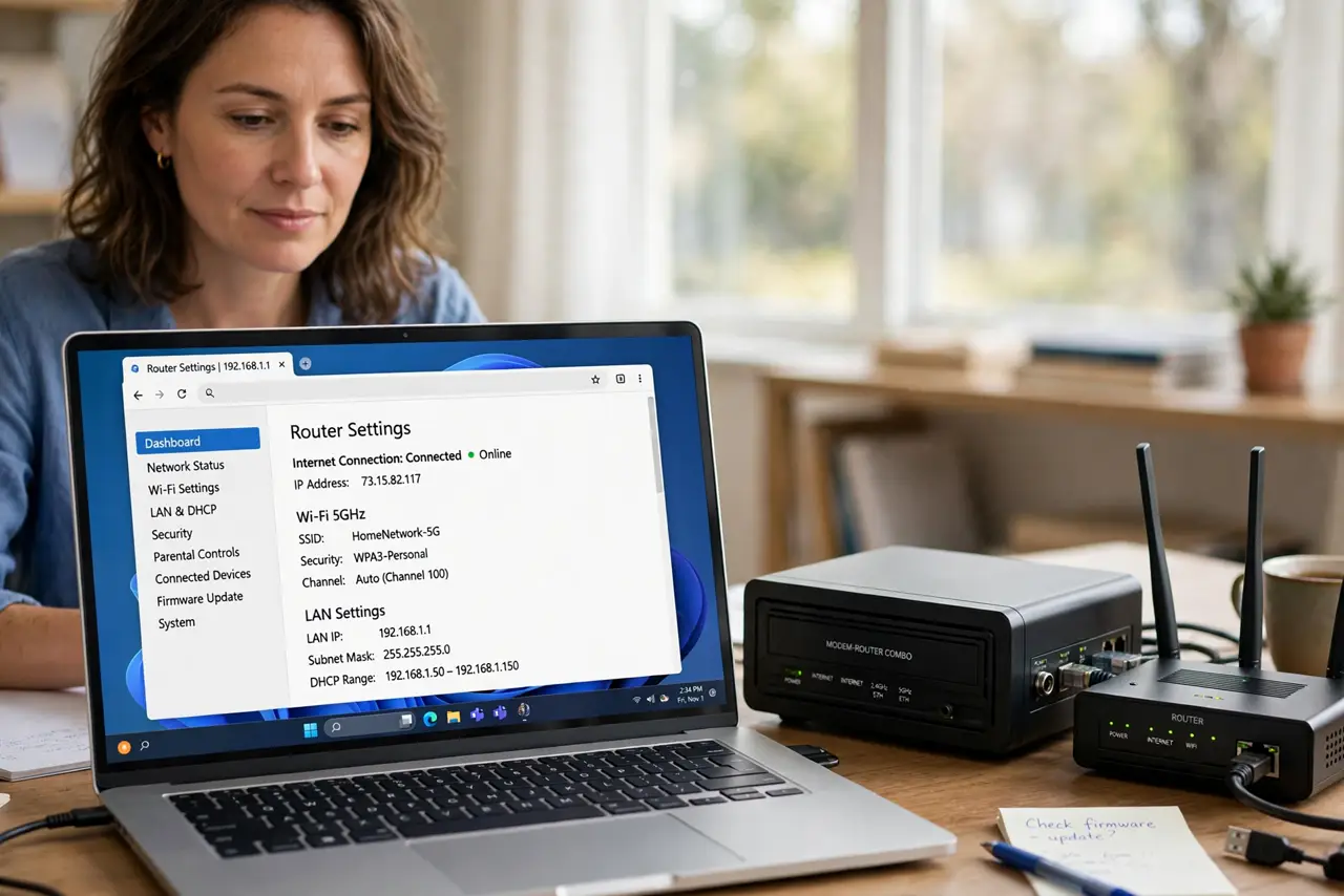 a calm adult at a desk with a real laptop open to a router settings page with legible menus, a modem-router combo box and a separate router visible beside the laptop. No black screen, no blank white screen, no fake or...