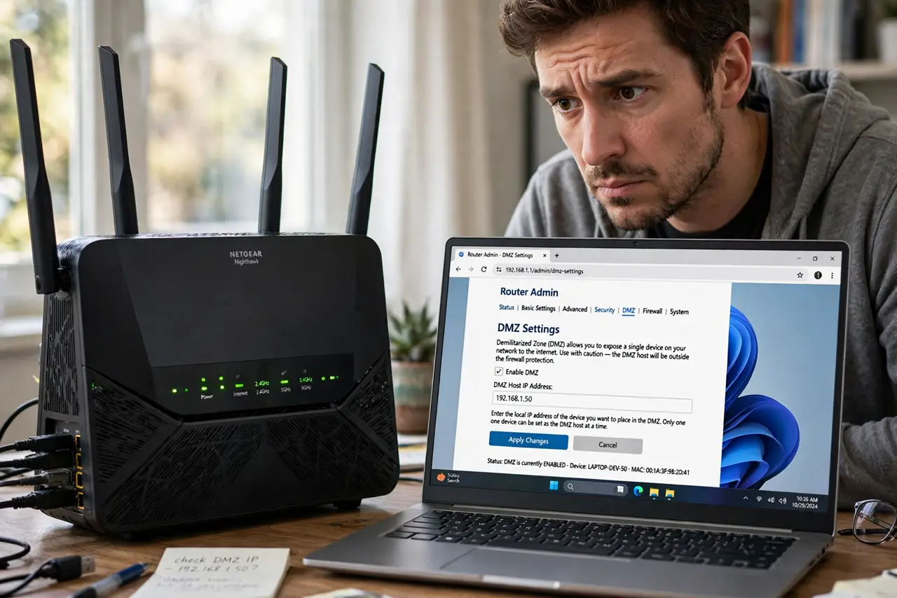 a person looking at a real router's admin page on a laptop showing DMZ settings with legible text, the person's face wary. No black screen, no blank white screen, no fake or garble.