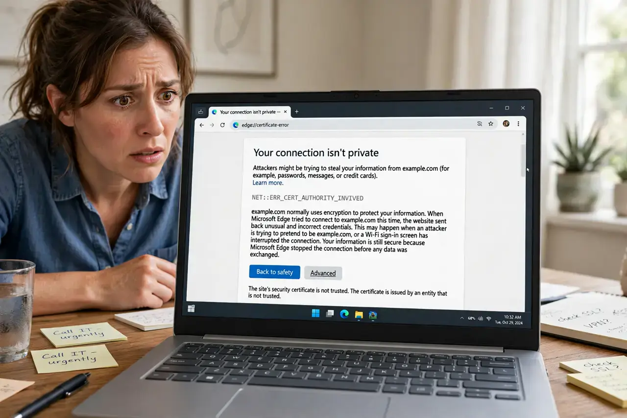 Router DNS Hijacked — an alarmed adult at a desk with a real laptop showing a browser certificate warning page with fully legible te