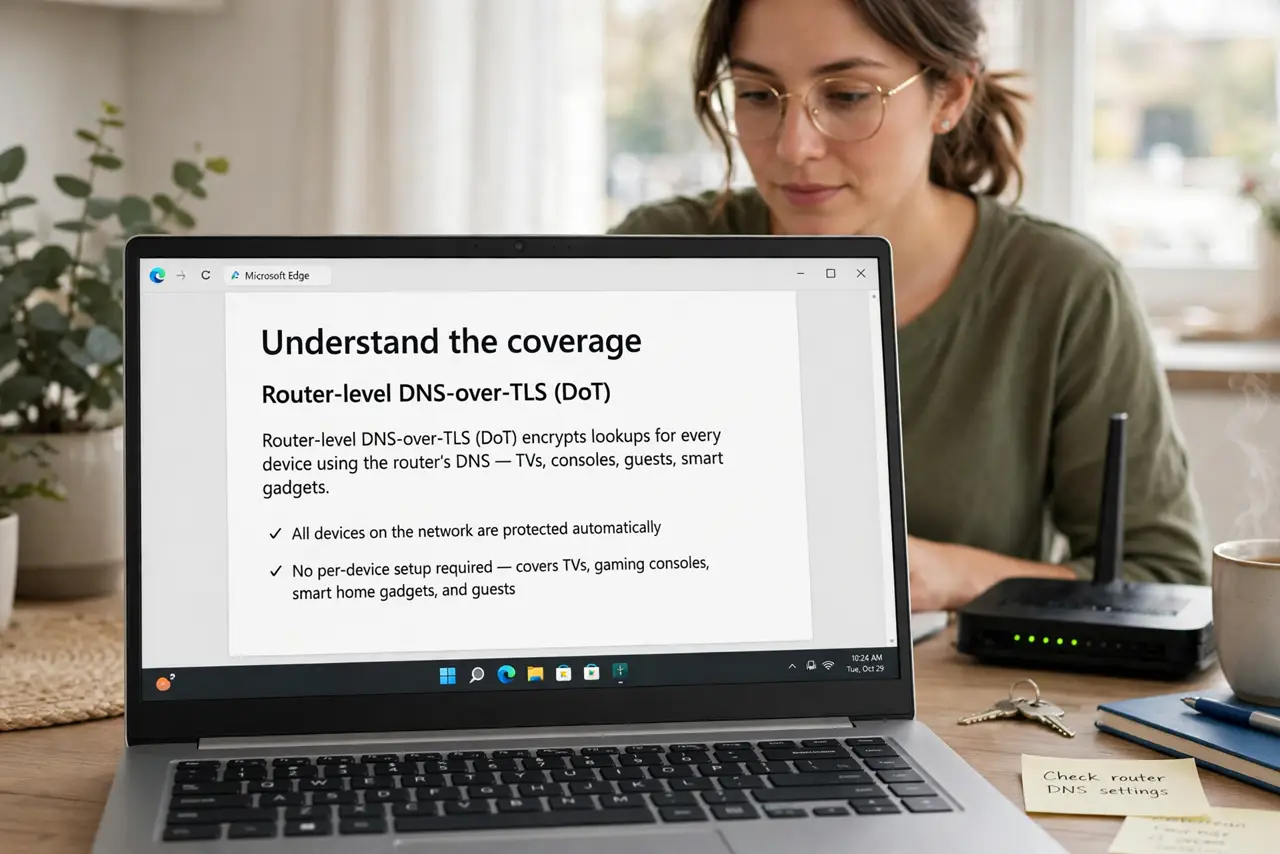 A person performing the guide's first step: Understand the coverage. Router-level DNS-over-TLS (DoT) encrypts lookups for every device using the router's DNS — TVs, consoles, guests,…