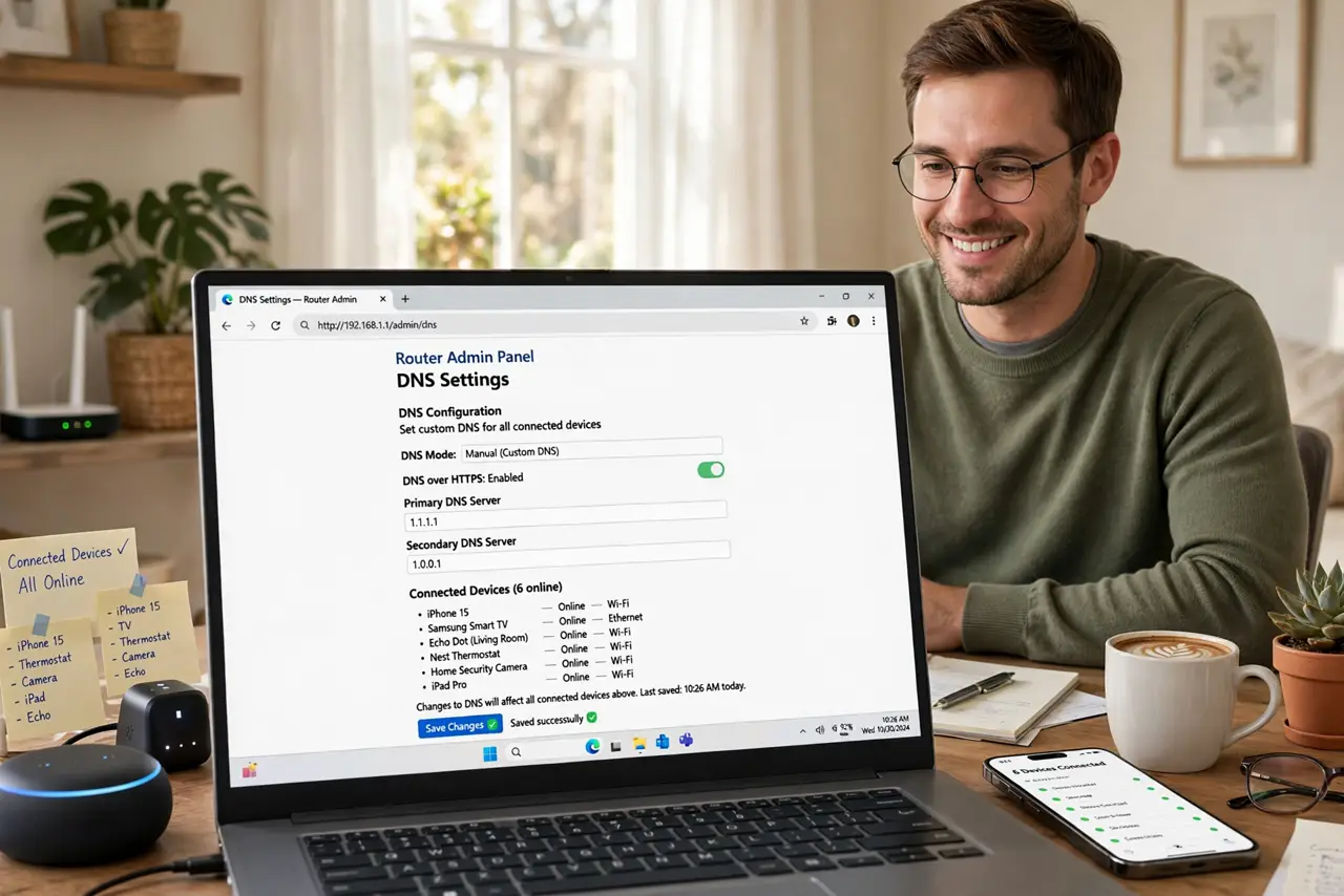 A person at a real laptop showing a router admin page with legible DNS settings, several connected devices around the home, the person's face satisfied, home office.