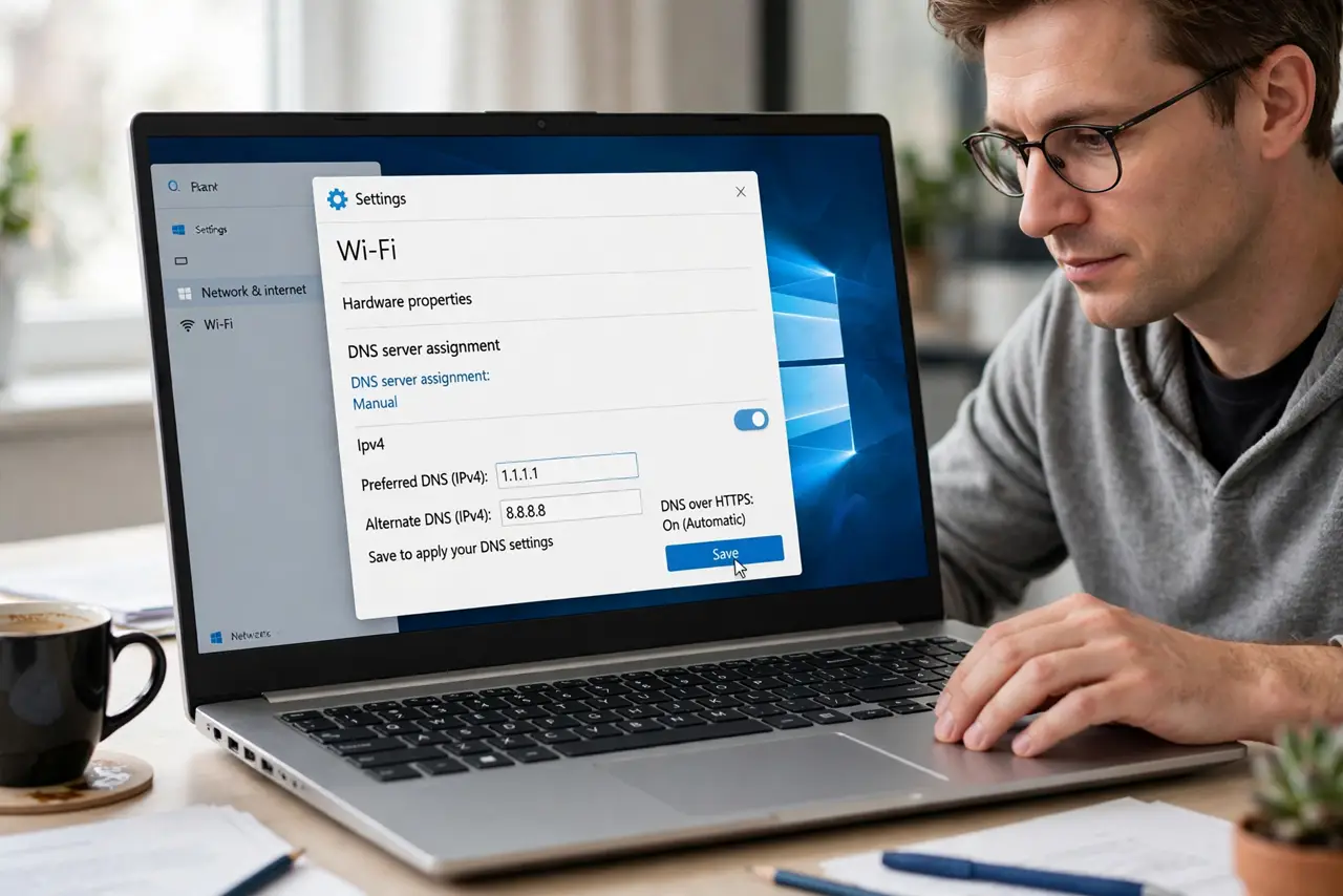 Person performing step 1: Set DNS and save properly. In the router settings, enter the DNS values, click Save or Apply, and wait for the router to confirm....