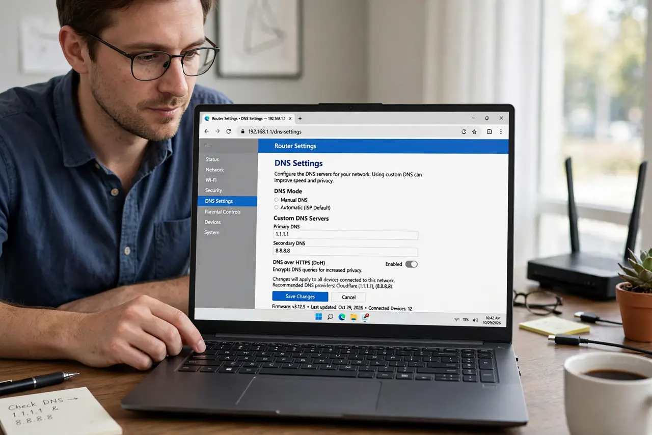Photorealistic photo: A calm adult at a desk with a real laptop, the real router DNS settings screen visible complete and legible, the person checking carefully.