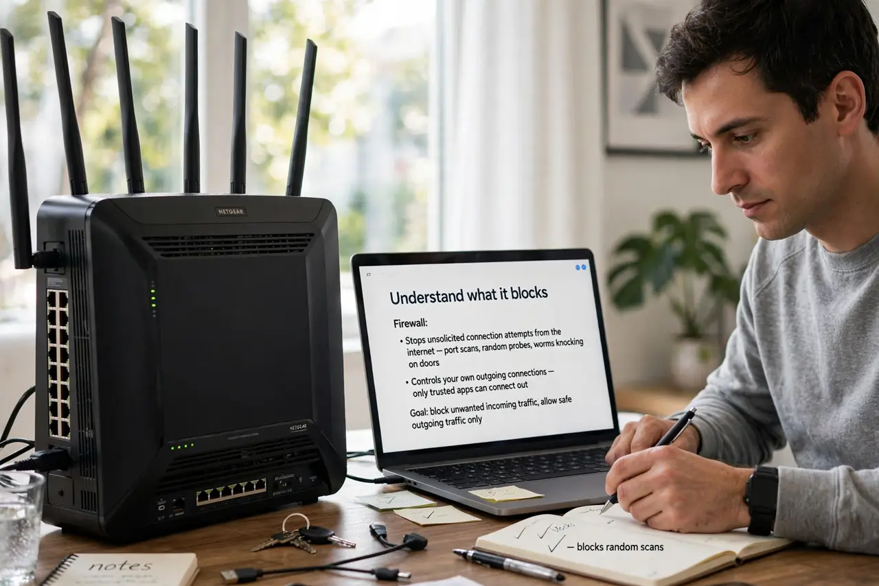 A person performing step 1: Understand what it blocks. The firewall stops unsolicited connection attempts from the internet — port scans, .