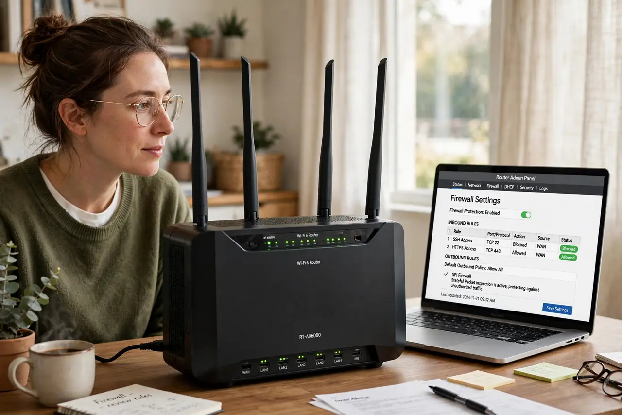 A person looking at a real router with a laptop beside it showing a legible router admin page with firewall settings, the person's face curious, home office.